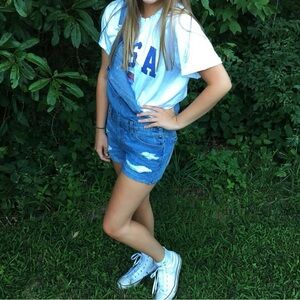 American Eagle Bib Overalls Women's Size S Distressed Blue Denim